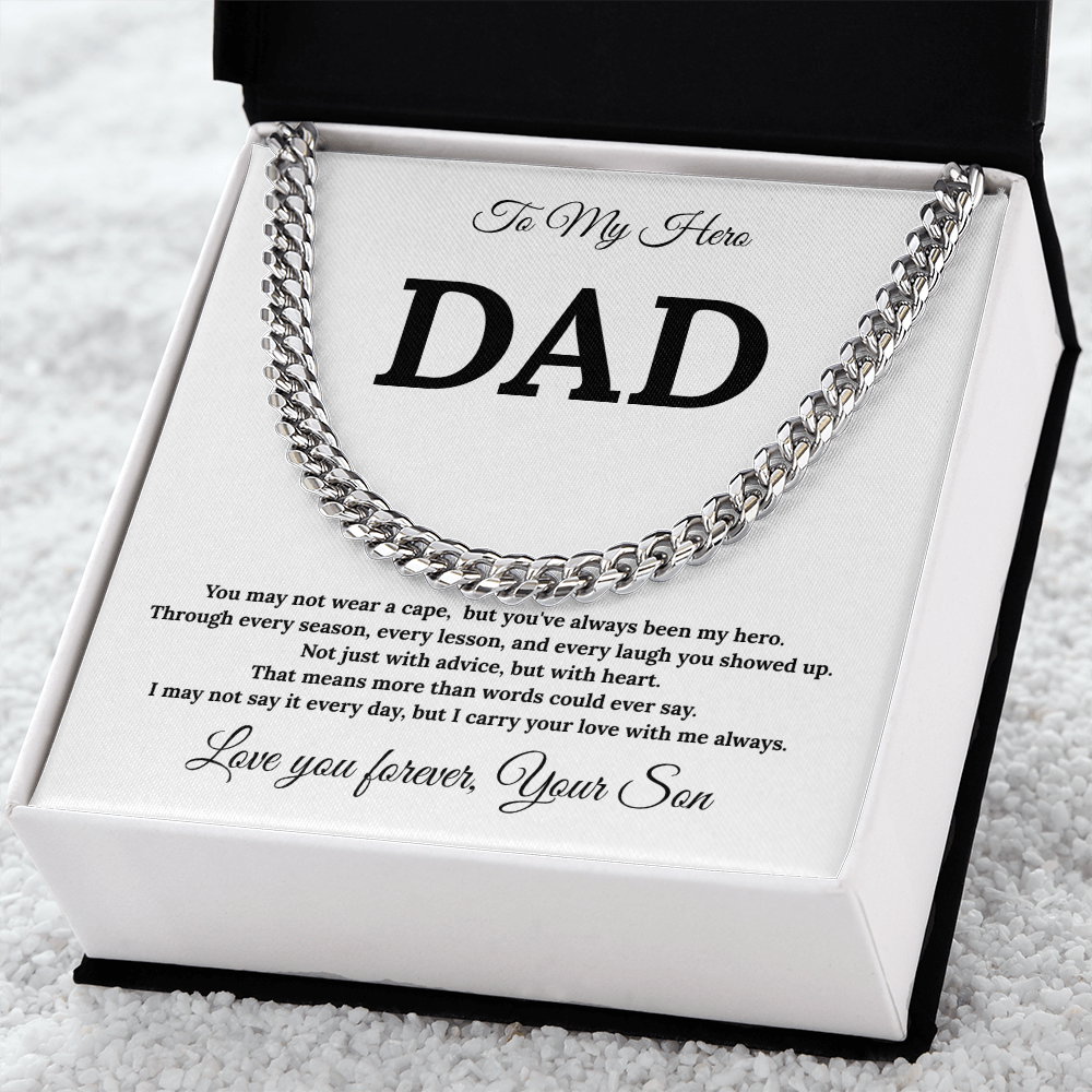 To My Dad – Always My Hero Cuban Link with heartfelt Message Card
