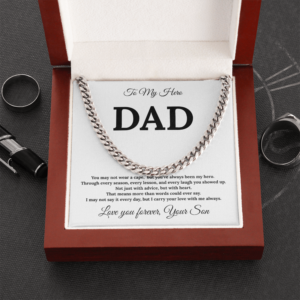 To My Dad – Always My Hero Cuban Link with heartfelt Message Card