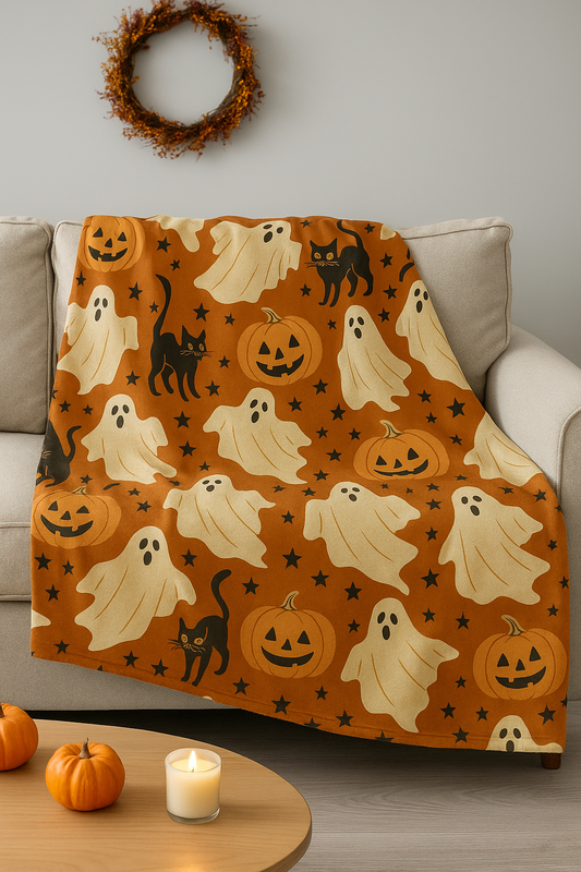 Vintage Halloween Blanket – Ghosts, Pumpkins & Black Cats Cozy Throw