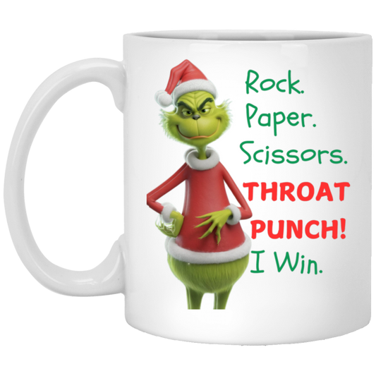 Grinch Rock. Paper. Scissors - Throat Punch! - 11oz Mug White/Black